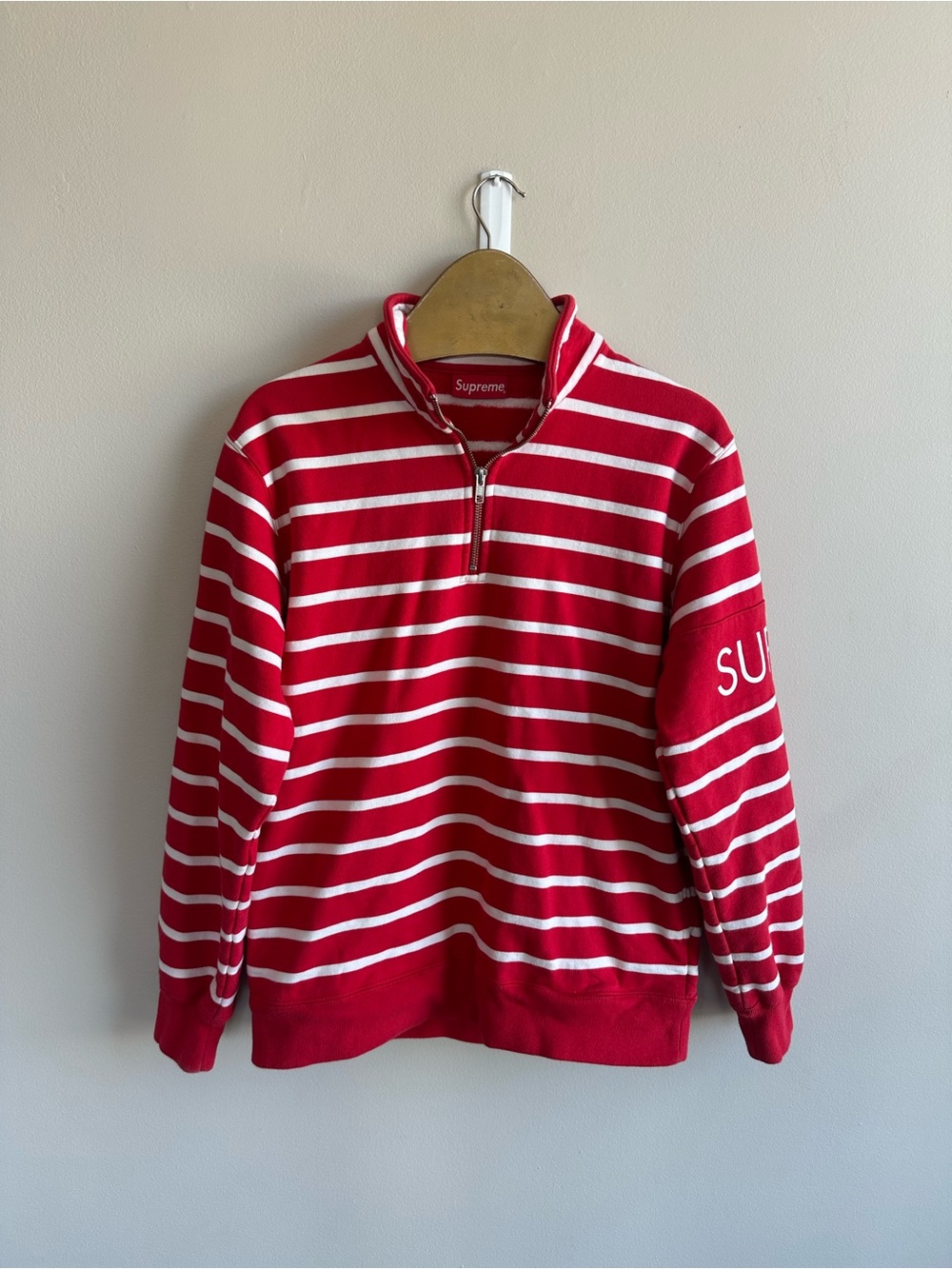 Supreme FW16 Red & White Striped Quarter-Zip Sweater